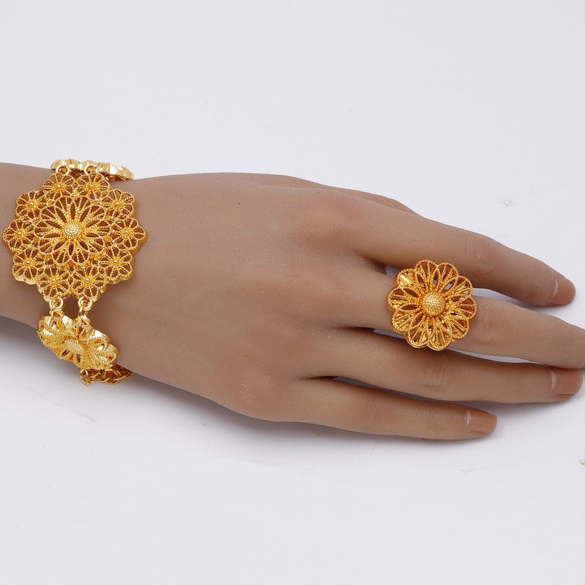24K Gold Flower Necklace Earring Ring Bracelet Set