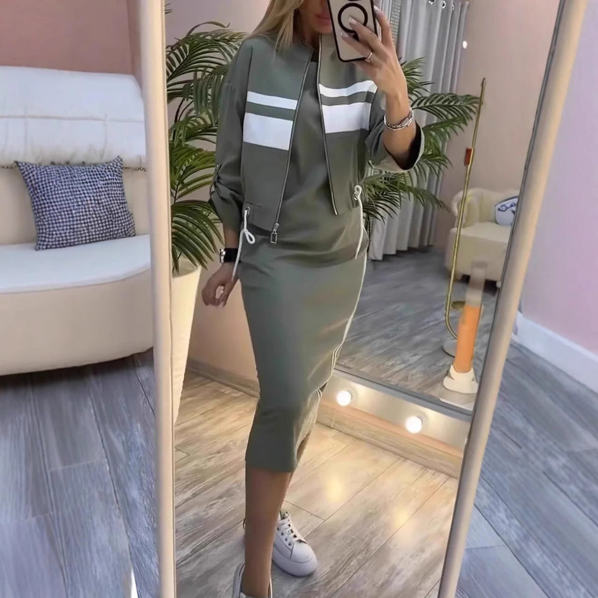 Casual Zipper White Stripe Edge Jacket Coat Dress Women's Suit