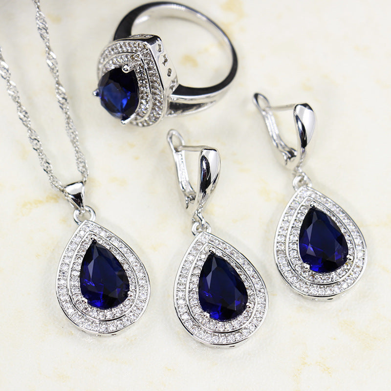Jewelry Four-piece Set Rings Pendants Earrings Drop-shaped Gem