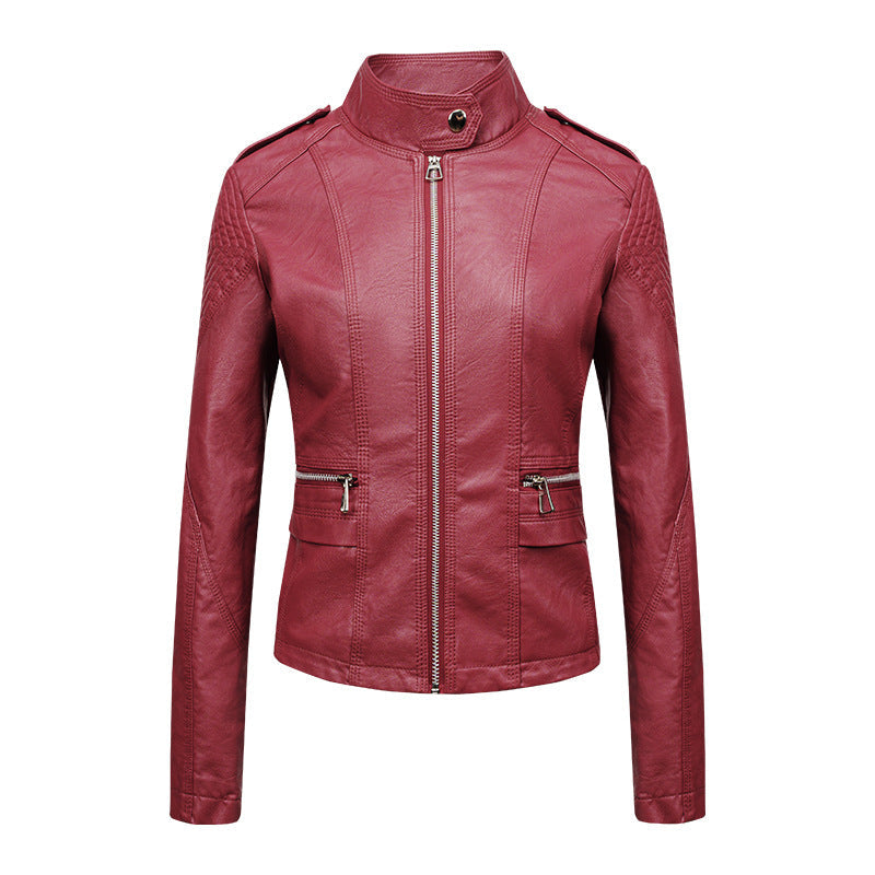 Women's Leather Jacket Women's Slim-fit Leather Jacket Women's Motorcycle Clothing PU Leather Women's Jacket Short Women's Leather Jacket Three-line Craft