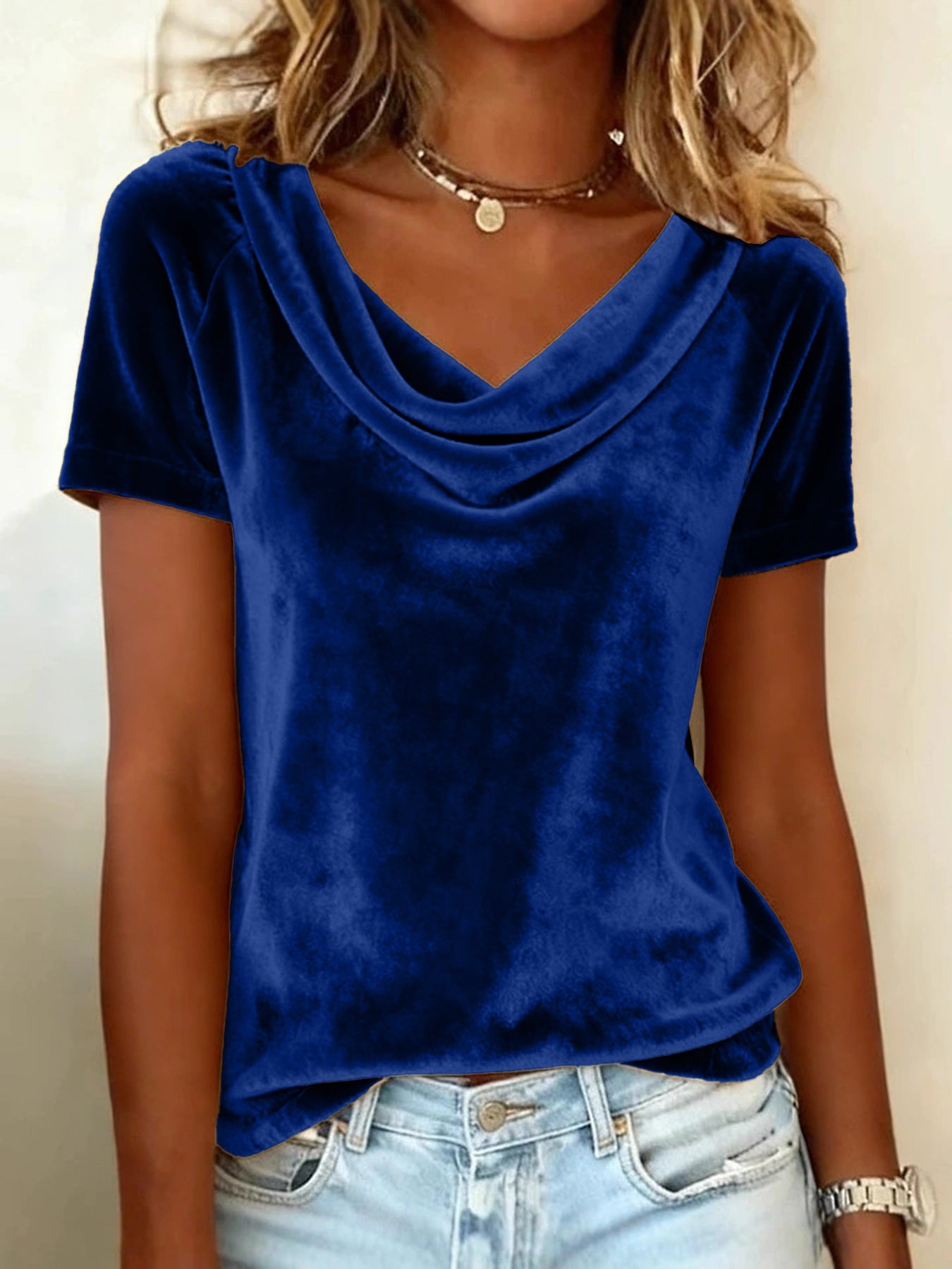 Womens New Solid-Colored Scoop-Neck Short-Sleeve Sexy Velvet T-Shirt
