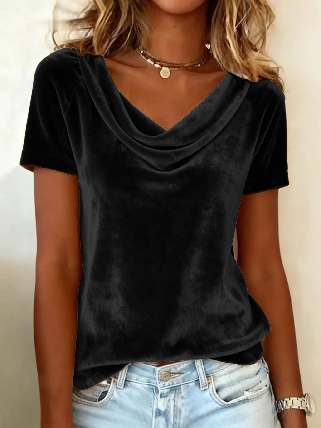 Womens New Solid-Colored Scoop-Neck Short-Sleeve Sexy Velvet T-Shirt