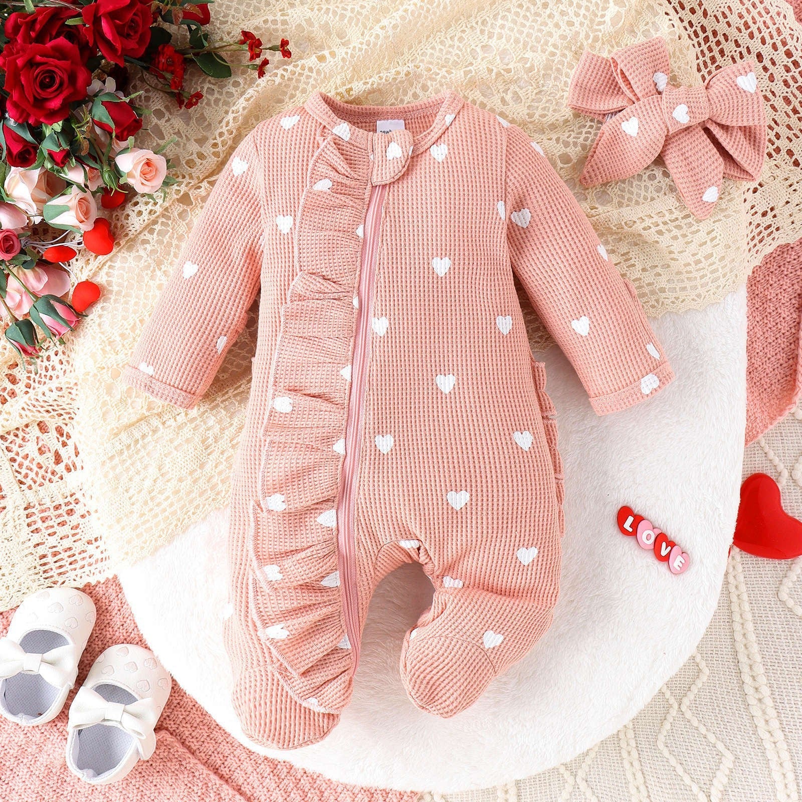 Heart-print Footed Zip-up Onesie Headband Set