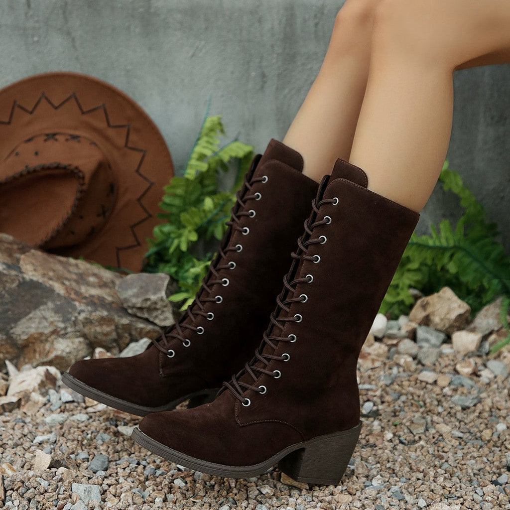 Mid-calf Fashion Suede Lace-up Pointed Chunky Heel Women's Boots