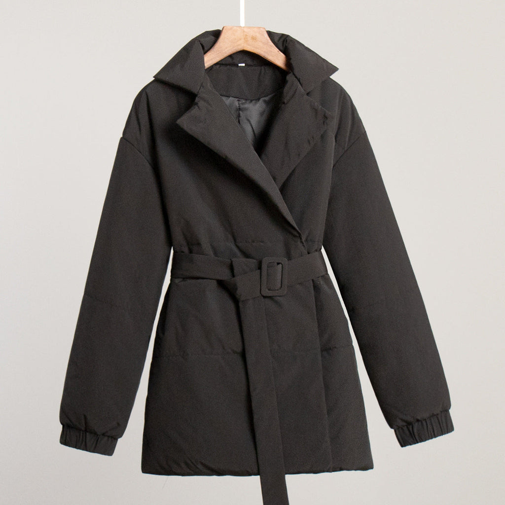 New Thickened Slimming Cinched Cotton-padded Coat Solid Color Belt Cotton Coat Jacket