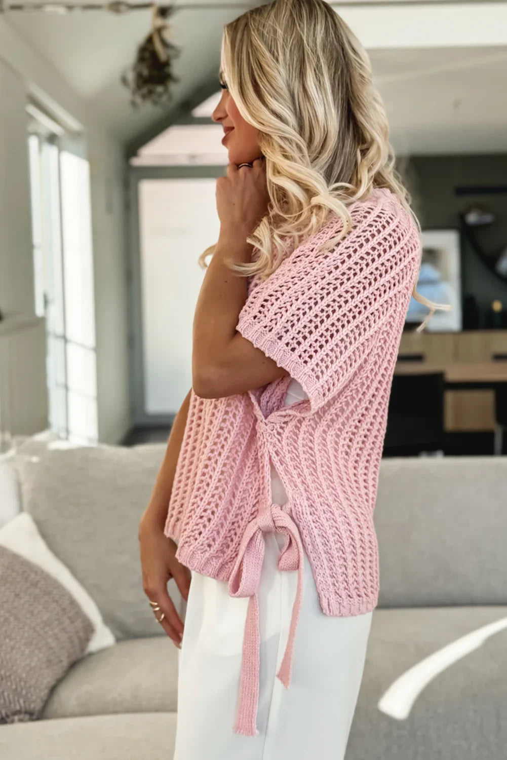 Pink Side Tie Hollow-out Crochet Knit Top