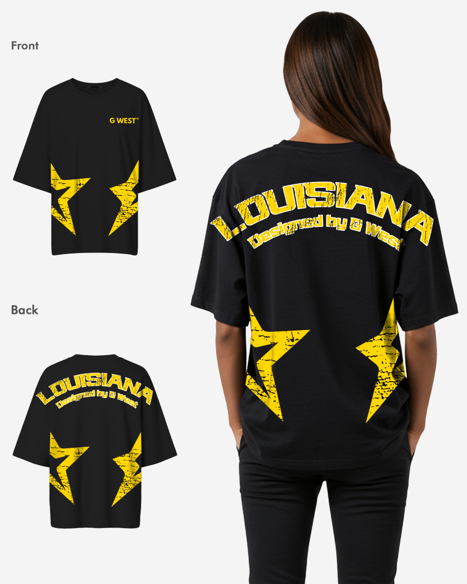 G West Womens Oversized Louisiana Arch Logo Black Tee