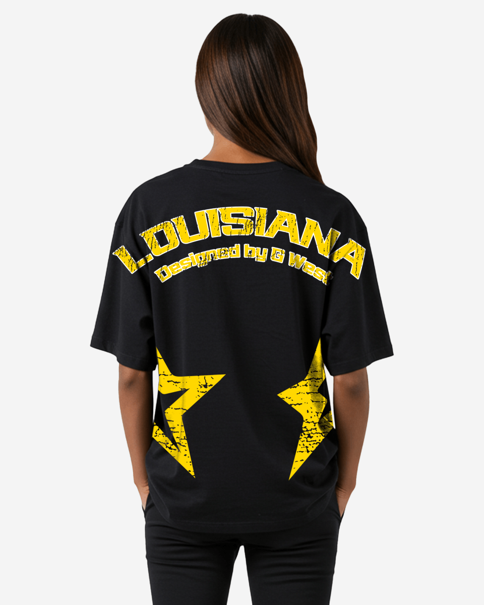 G West Womens Oversized Louisiana Arch Logo Black Tee