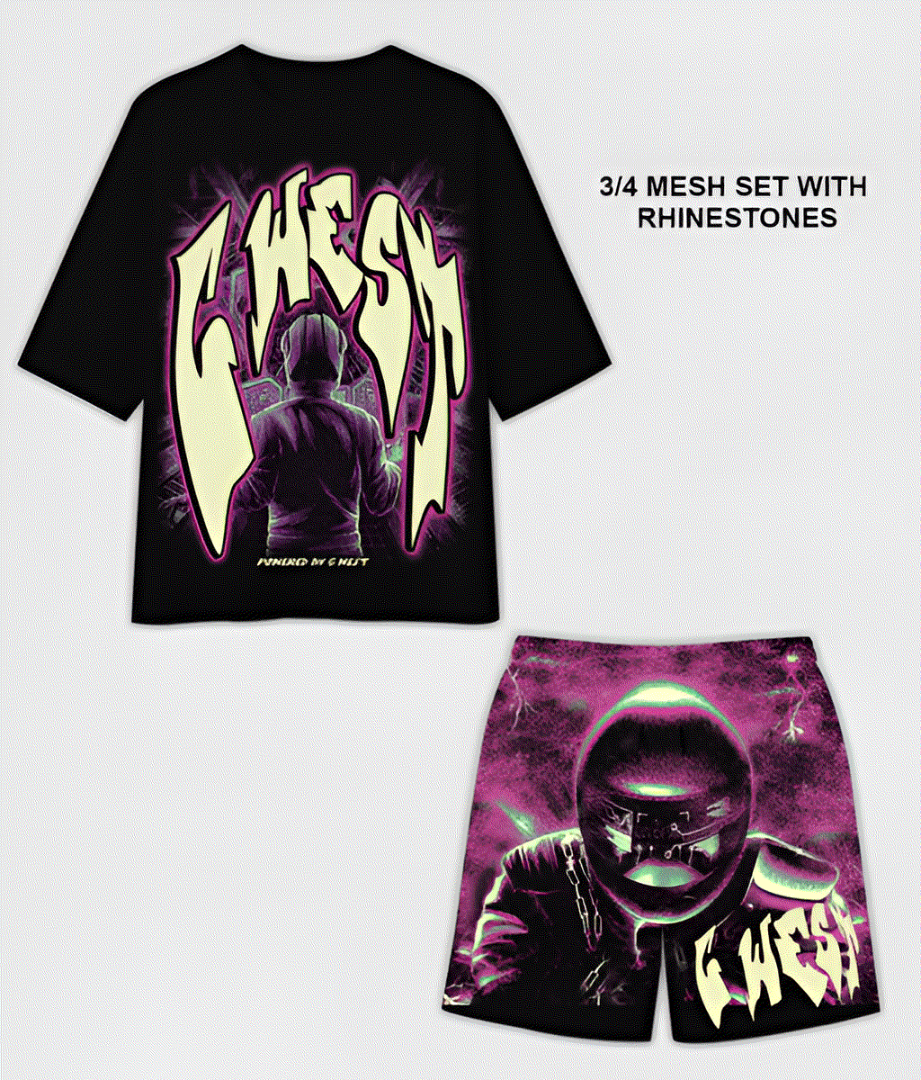 G WEST RHINESTONE MAN IN GLOW 3/4 SLEEVES MESH SHORT SET