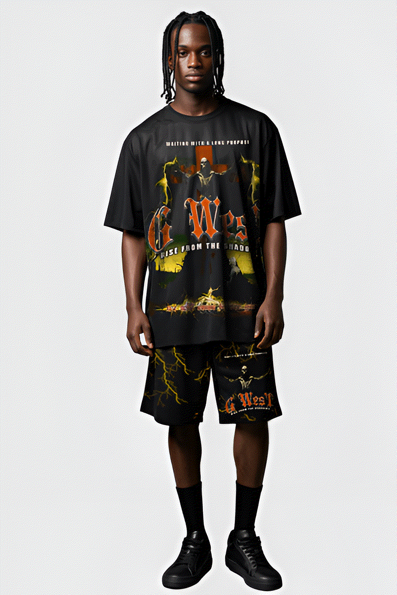 G WEST RHINSTONE RISE FROM THE SHADOW 3/4 SLEEVES MESH SHORT SET
