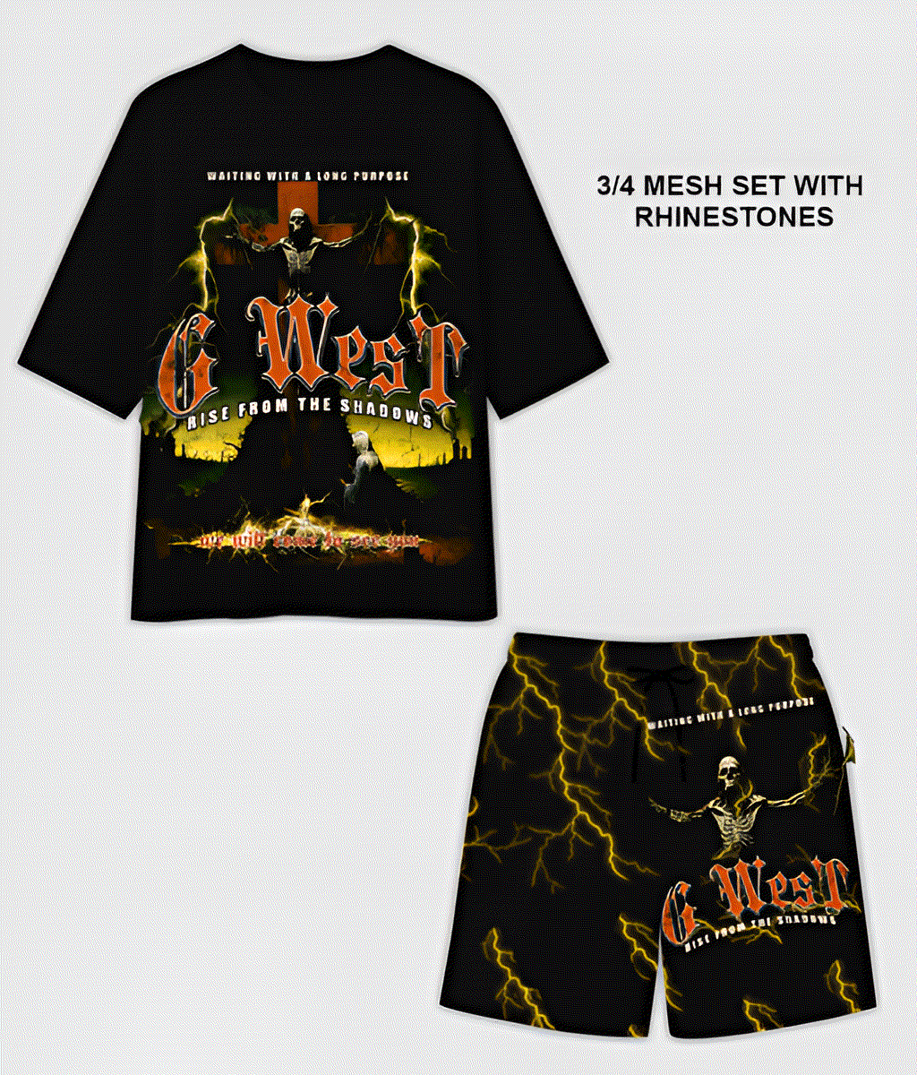 G WEST RHINSTONE RISE FROM THE SHADOW 3/4 SLEEVES MESH SHORT SET