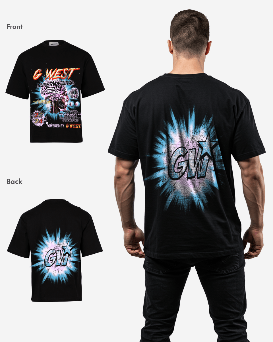 G West Mens Supernatural Acid Wash Premium Oversized Tee Front And Back Print