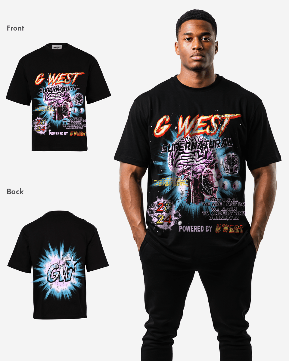 G West Mens Supernatural Acid Wash Premium Oversized Tee Front And Back Print