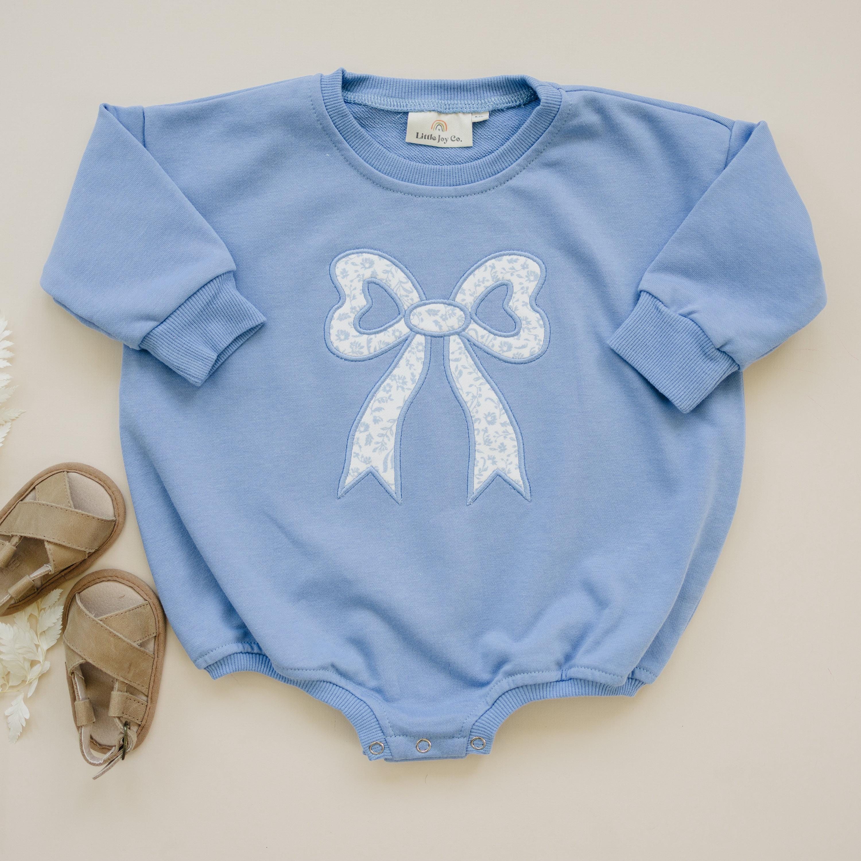 Blue Toile Applique Bow: Baby Sweatshirt Romper or Crewneck