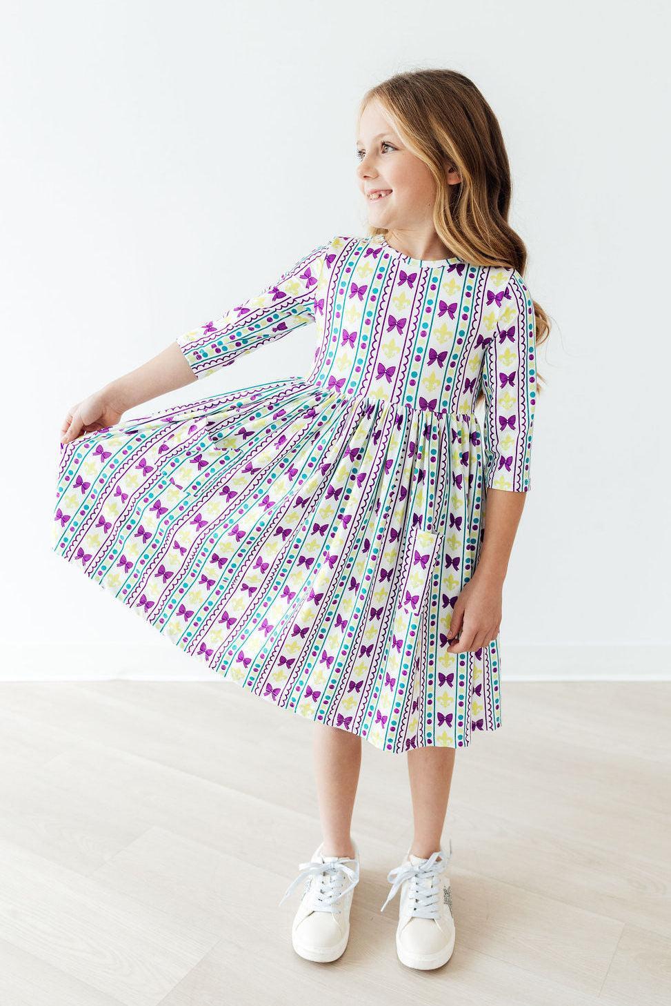 Mardi Gras 3/4 Sleeve Pocket Twirl Dress