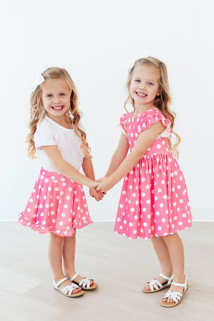 Pink Polka Dots Flutter Sleeve Twirl Dress