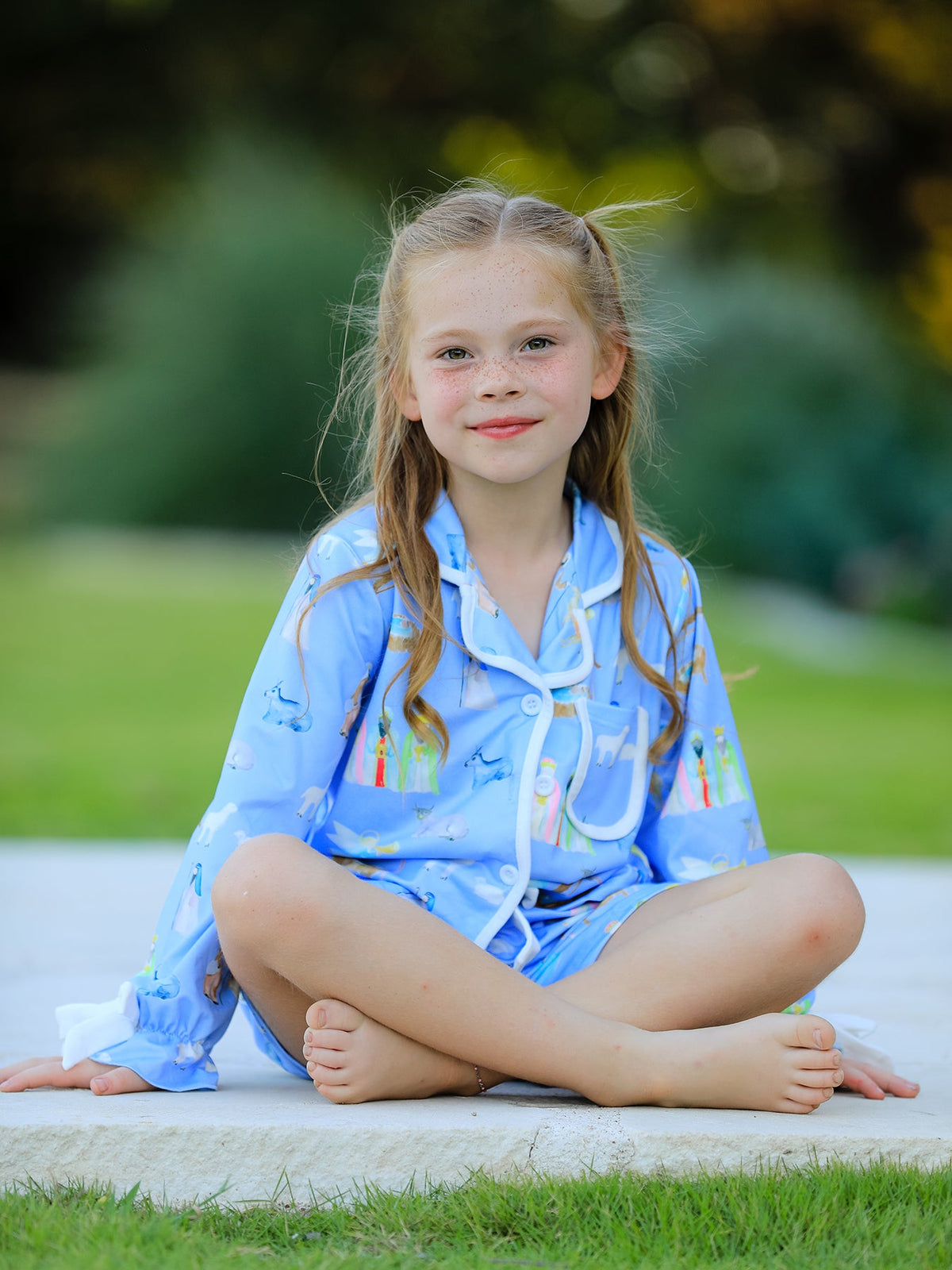 Blue Christmas Nativity Pattern Girls Pajamas Set